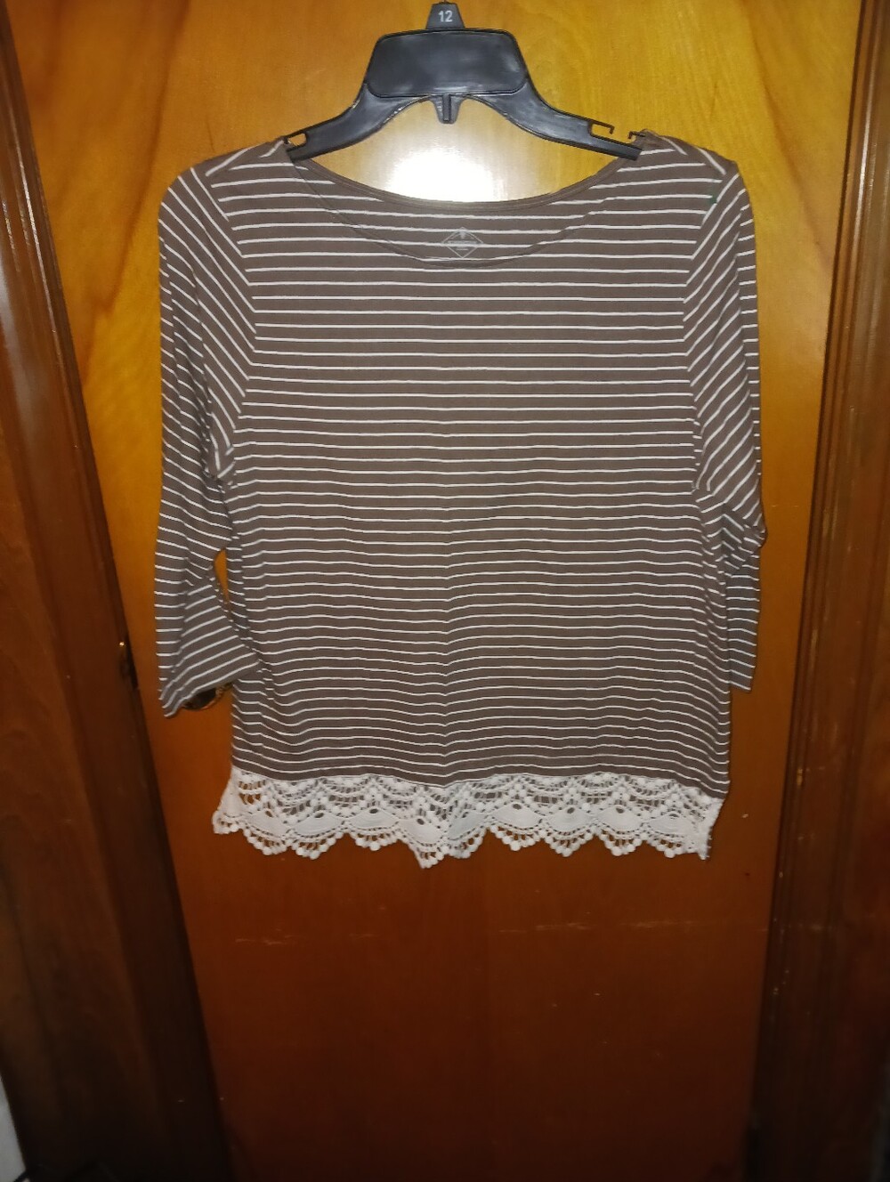 St. John's Bay Brown & White Striped Lace-Hem Long Sleeve Top